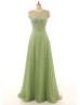 Green Tulle Beads Keyhole Back Long Prom Dress